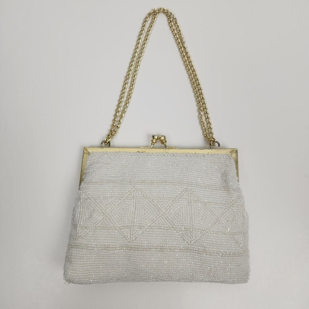 Vintage Beaded White/Cream Purse Gold Chain 6"x5"